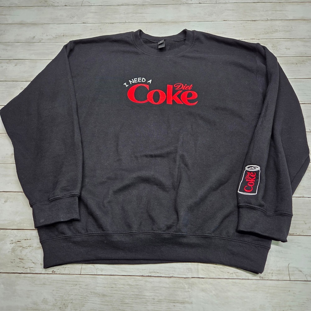 Gildan I Need A Diet Coke Sweatshirt Pullover Mens L Black Graphic Embroidered
